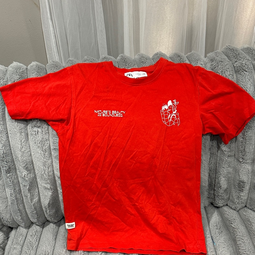 Zara Red Kids Graphic Tee with Nature Chest Print